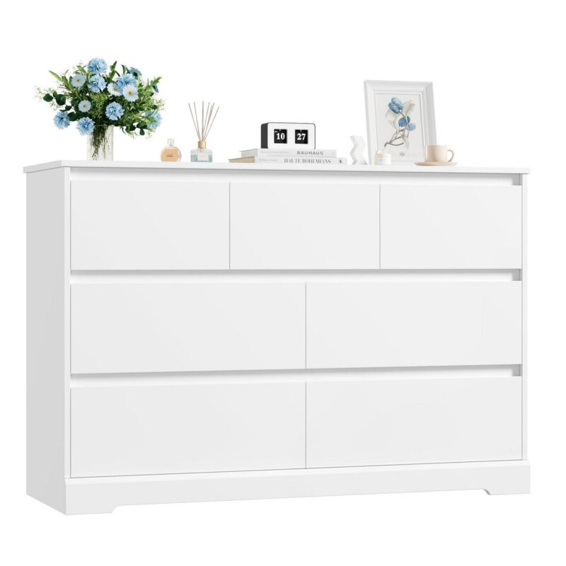Homfa 7 Drawer Double Dresser, 47.2 W Contemporary Wood Chest of Drawer Storage Cabinet for Bedroom Living Room, White