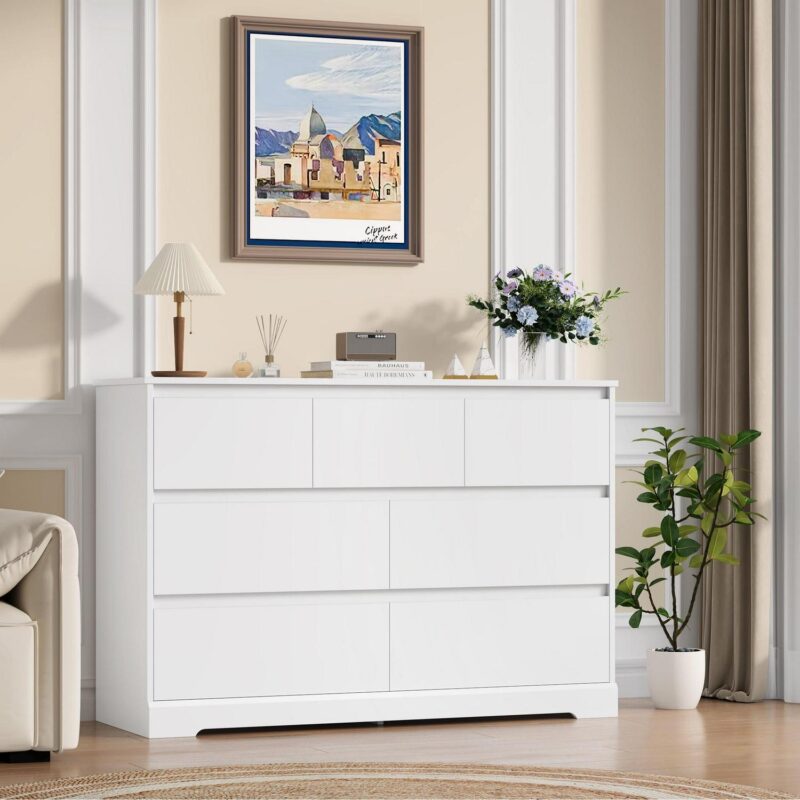 Homfa 7 Drawer Double Dresser, 47.2 W Contemporary Wood Chest of Drawer Storage Cabinet for Bedroom Living Room, White - Image 7