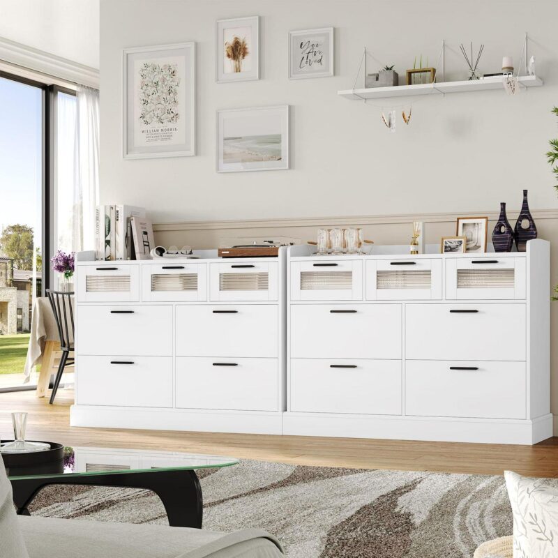 Homfa 7 Drawer White Dresser for Bedroom, Glass Panel Wood Storage Cabinet for Living Room Dining Room - Image 4