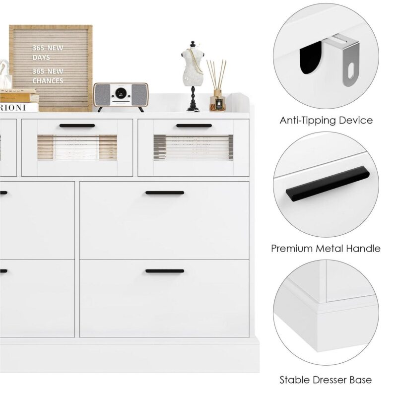 Homfa 7 Drawer White Dresser for Bedroom, Glass Panel Wood Storage Cabinet for Living Room Dining Room - Image 5