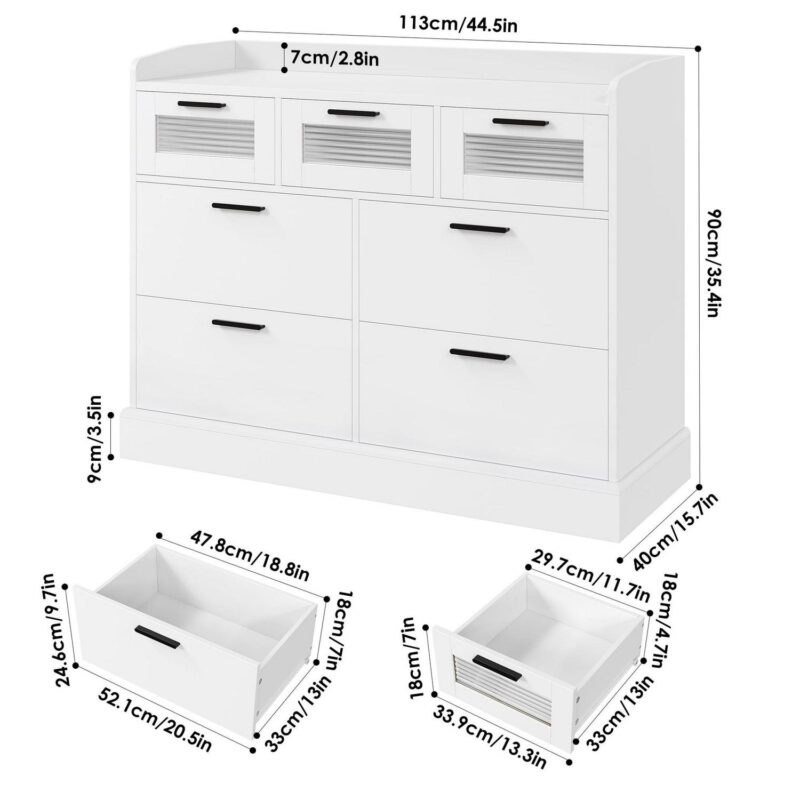 Homfa 7 Drawer White Dresser for Bedroom, Glass Panel Wood Storage Cabinet for Living Room Dining Room - Image 3