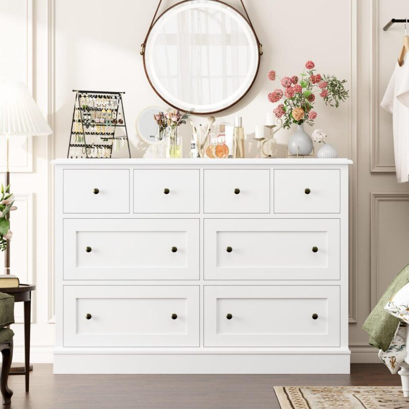 Homfa 8 Drawer Horizontal Combo Dresser for Bedroom, Modern White Chest of Drawers Wood Storage Cabinet for Living Room - Image 3