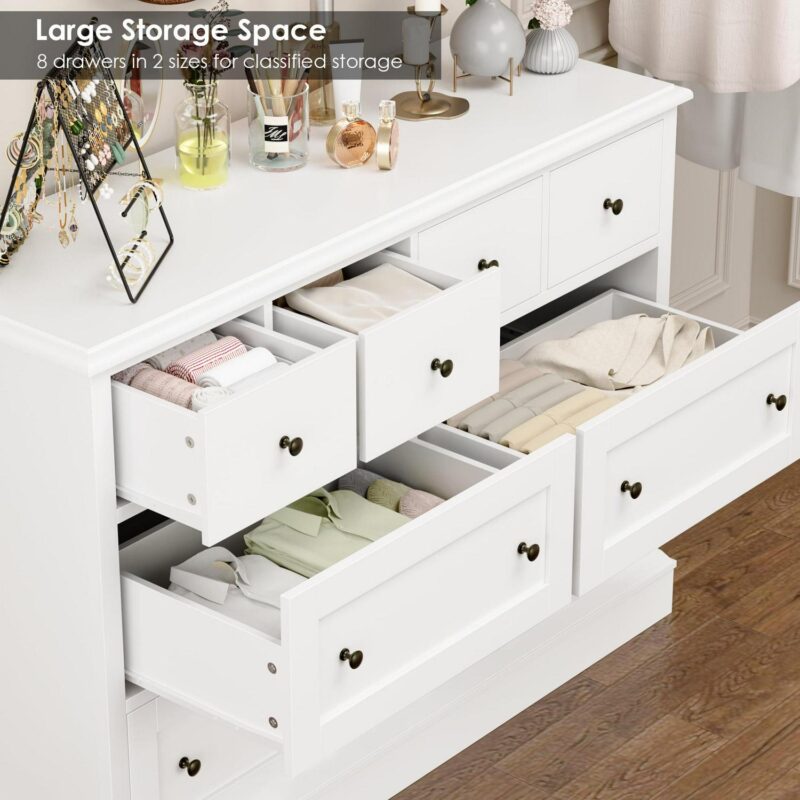 Homfa 8 Drawer Horizontal Combo Dresser for Bedroom, Modern White Chest of Drawers Wood Storage Cabinet for Living Room - Image 5