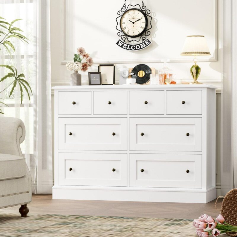 Homfa 8 Drawer Horizontal Combo Dresser for Bedroom, Modern White Chest of Drawers Wood Storage Cabinet for Living Room - Image 4