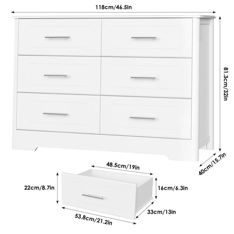 Homfa Double Dresser with 6 Drawer, White Horizontal Dresser Chest for Bedroom Kid's Room - Image 6