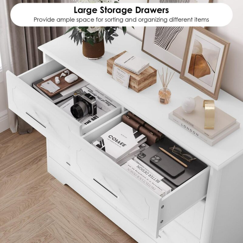 Homfa Double Dresser with 6 Drawer, White Horizontal Dresser Chest for Bedroom Kid's Room - Image 4