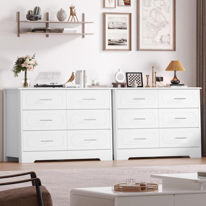 Homfa Double Dresser with 6 Drawer, White Horizontal Dresser Chest for Bedroom Kid's Room - Image 8