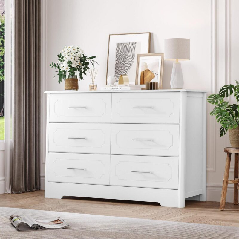 Homfa Double Dresser with 6 Drawer, White Horizontal Dresser Chest for Bedroom Kid's Room - Image 7