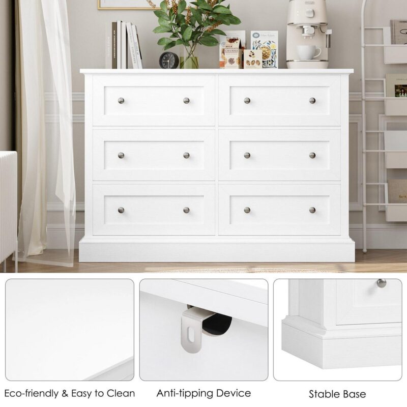 Homfa Double Dresser with 6 Drawer, Modern Dresser Chest of Drawers for Bedroom, White - Image 4