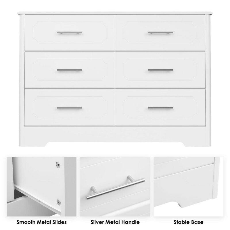 Homfa Double Dresser with 6 Drawer, White Horizontal Dresser Chest for Bedroom Kid's Room - Image 5