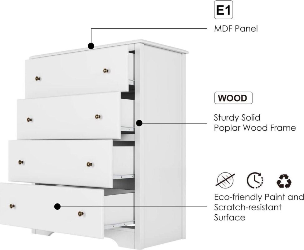 Homfa Dresser Chest, Modern Chest Organizer with 4 Drawers for Bedroom, White Finish - Image 9