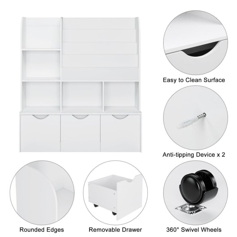 Homfa Kid's Bookshelf with 3 Movable Drawers, 5-Cube Bookcase with 4-Tier Display Stand, Toy Storage Organizer for Bedroom Playroom, White - Image 3