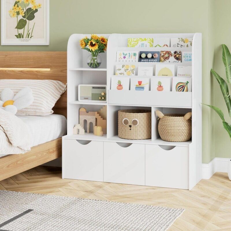 Homfa Kid's Bookshelf with 3 Movable Drawers, 5-Cube Bookcase with 4-Tier Display Stand, Toy Storage Organizer for Bedroom Playroom, White - Image 8
