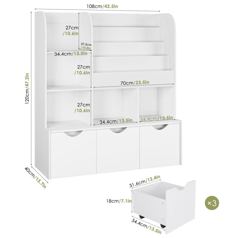 Homfa Kid's Bookshelf with 3 Movable Drawers, 5-Cube Bookcase with 4-Tier Display Stand, Toy Storage Organizer for Bedroom Playroom, White - Image 9
