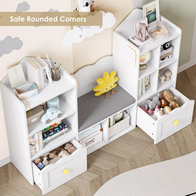 Homfa Kids Bookshelf with Reading Nook, Kids Storage Cabinet with 8 Cubby, 2 Wood Toy Bin for Nursery Kids Room, White - Image 4