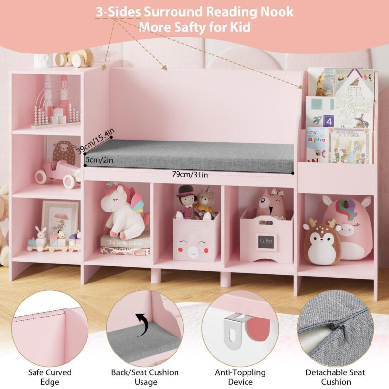 Homfa Kids Bookshelf with Reading and Seat Nook, 7 Cube Wooden Child Toy Organizer with Adjustable Shelf, 31.5'' H x 54.5'' W, Pink - Image 6