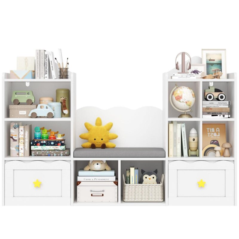 Homfa Kids Bookshelf with Reading Nook, Kids Storage Cabinet with 8 Cubby, 2 Wood Toy Bin for Nursery Kids Room, White - Image 3
