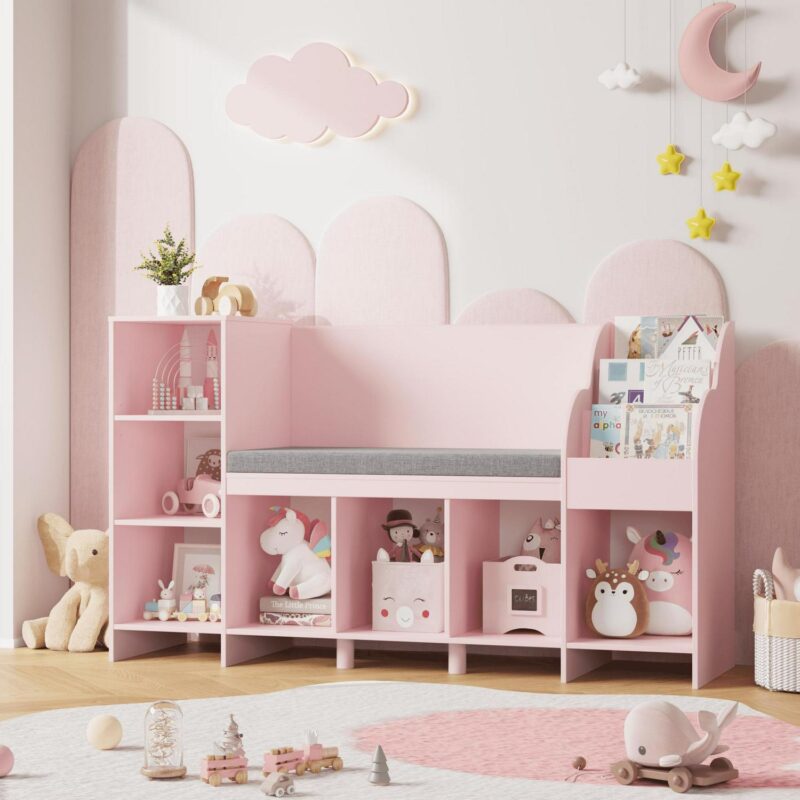Homfa Kids Bookshelf with Reading and Seat Nook, 7 Cube Wooden Child Toy Organizer with Adjustable Shelf, 31.5'' H x 54.5'' W, Pink