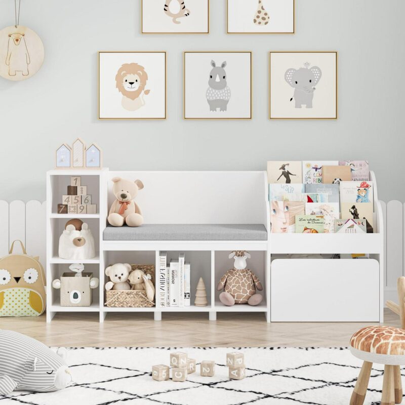 Homfa Kids Bookshelf with Reading Nook, 6 Shelf Bookcase with 1 Wood Toy Bin with 3 Tier Book Rack for Children Kidsroom - Image 7