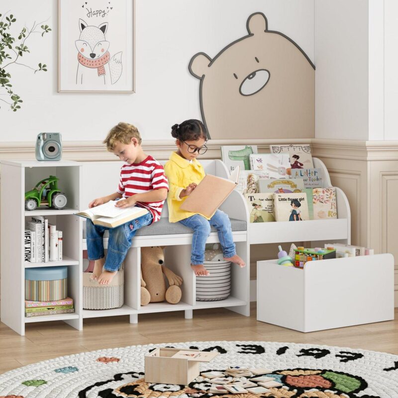 Homfa Kids Bookshelf with Reading Nook, 6 Shelf Bookcase with 1 Wood Toy Bin with 3 Tier Book Rack for Children Kidsroom