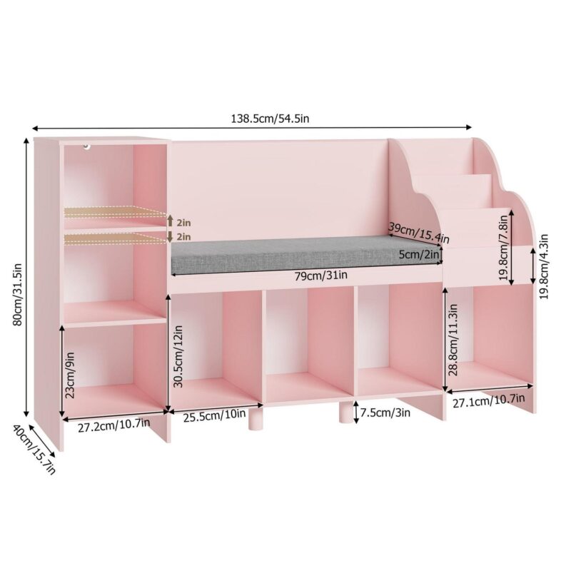 Homfa Kids Bookshelf with Reading and Seat Nook, 7 Cube Wooden Child Toy Organizer with Adjustable Shelf, 31.5'' H x 54.5'' W, Pink - Image 7