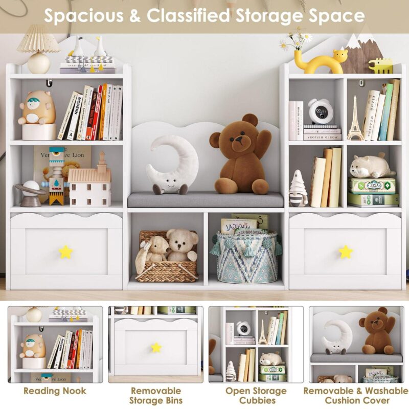 Homfa Kids Bookshelf with Reading Nook, Kids Storage Cabinet with 8 Cubby, 2 Wood Toy Bin for Nursery Kids Room, White - Image 7