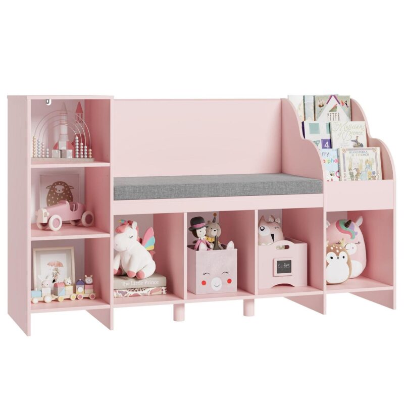 Homfa Kids Bookshelf with Reading and Seat Nook, 7 Cube Wooden Child Toy Organizer with Adjustable Shelf, 31.5'' H x 54.5'' W, Pink - Image 4