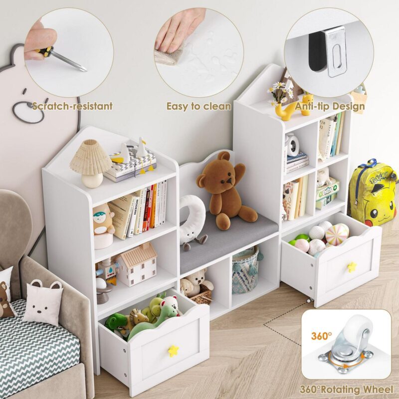 Homfa Kids Bookshelf with Reading Nook, Kids Storage Cabinet with 8 Cubby, 2 Wood Toy Bin for Nursery Kids Room, White - Image 5