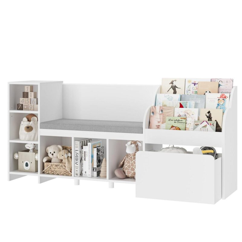 Homfa Kids Bookshelf with Reading Nook, 6 Shelf Bookcase with 1 Wood Toy Bin with 3 Tier Book Rack for Children Kidsroom - Image 5