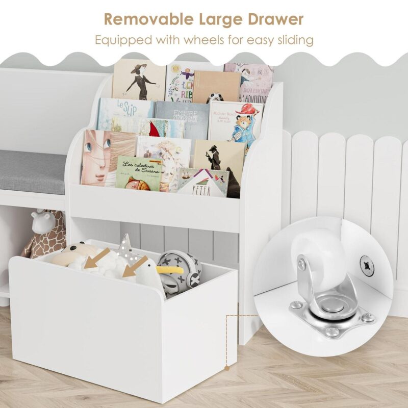 Homfa Kids Bookshelf with Reading Nook, 6 Shelf Bookcase with 1 Wood Toy Bin with 3 Tier Book Rack for Children Kidsroom - Image 3