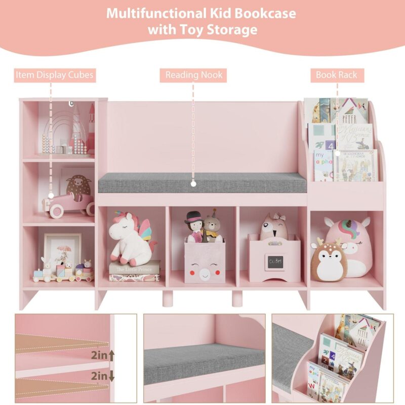 Homfa Kids Bookshelf with Reading and Seat Nook, 7 Cube Wooden Child Toy Organizer with Adjustable Shelf, 31.5'' H x 54.5'' W, Pink - Image 5