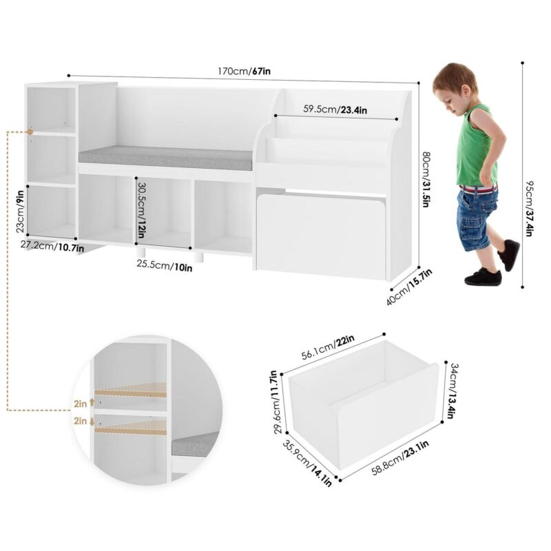 Homfa Kids Bookshelf with Reading Nook, 6 Shelf Bookcase with 1 Wood Toy Bin with 3 Tier Book Rack for Children Kidsroom - Image 6