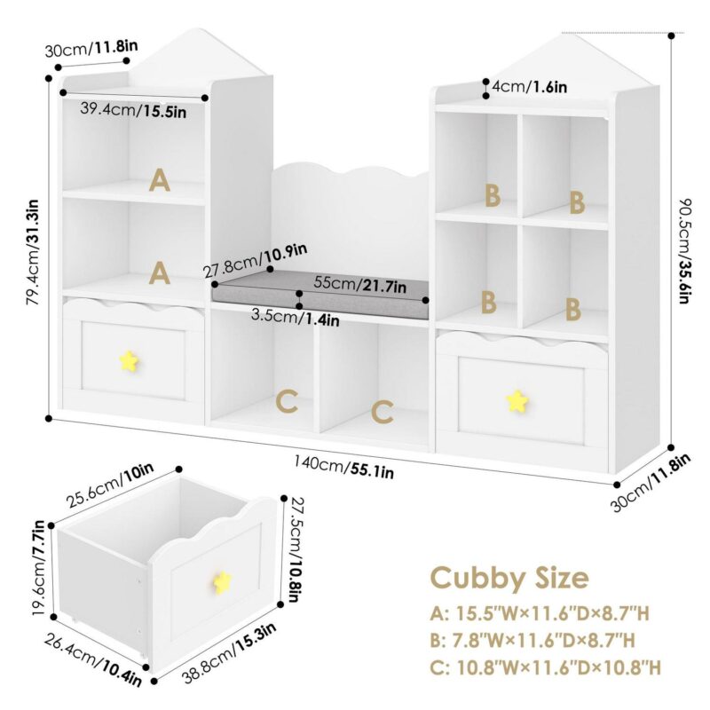 Homfa Kids Bookshelf with Reading Nook, Kids Storage Cabinet with 8 Cubby, 2 Wood Toy Bin for Nursery Kids Room, White - Image 6