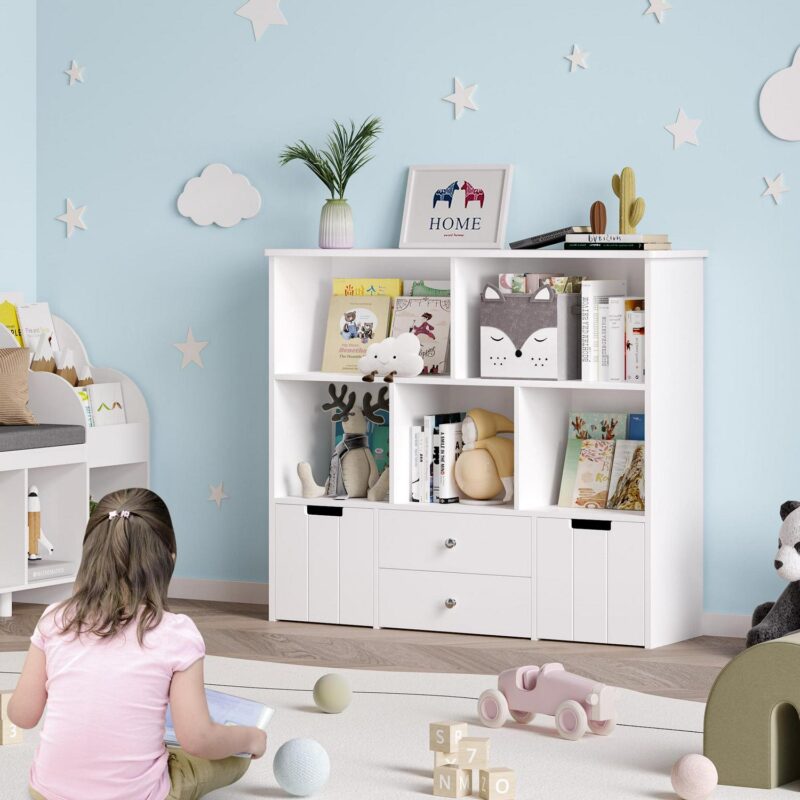 Homfa Kids Toy Storage Organizer, 5 Cubby Children Bookcase and Bookshelf with 4 Drawer on Wheels for Playroom Nursery School, White - Image 6