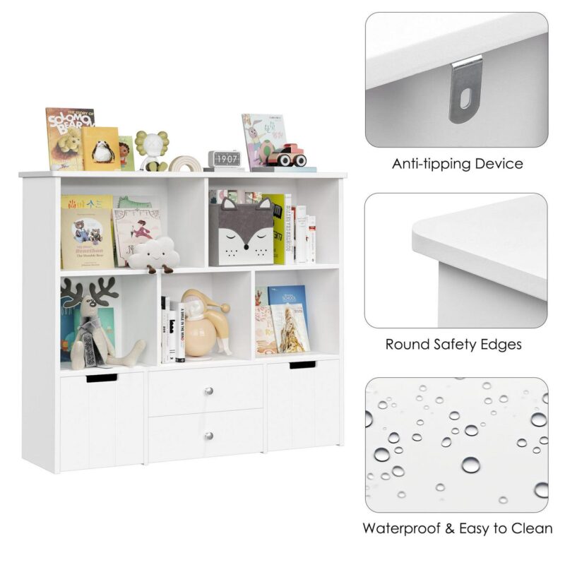 Homfa Kids Toy Storage Organizer, 5 Cubby Children Bookcase and Bookshelf with 4 Drawer on Wheels for Playroom Nursery School, White - Image 7