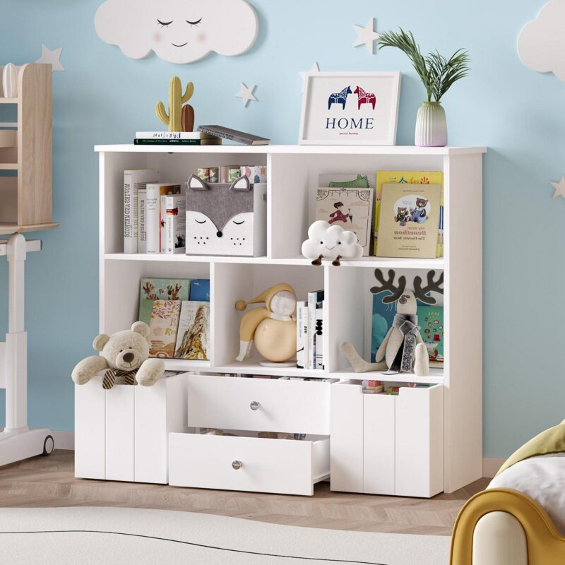Homfa Kids Toy Storage Organizer, 5 Cubby Children Bookcase and Bookshelf with 4 Drawer on Wheels for Playroom Nursery School, White - Image 4