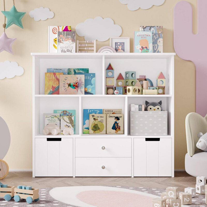 Homfa Kids Toy Storage Organizer, 5 Cubby Children Bookcase and Bookshelf with 4 Drawer on Wheels for Playroom Nursery School, White - Image 5