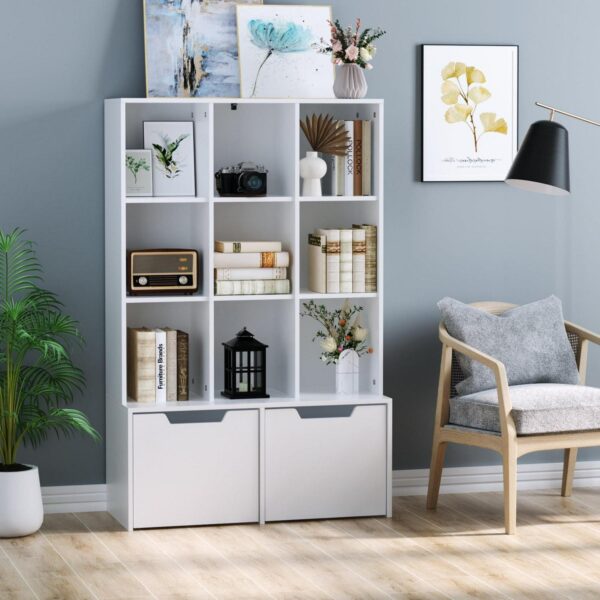 Homfa Modern Cube Bookcase, 9-Cube Storage Cabinet Display Shelf with 2 Mobile Drawers, White Finish