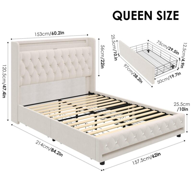 Homfa Queen Size LED Bed Frame with Outlets and USB Ports and Display Platform, 4 Storage Drawers Modern Crystal Button Tufted Upholstered Platform Bed Frame, Beige - Image 5