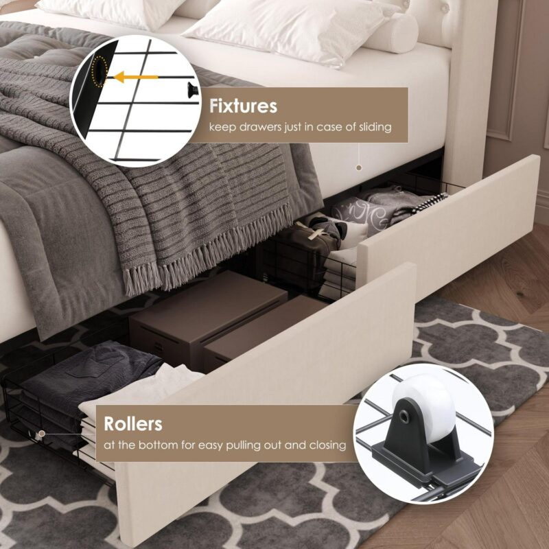Homfa Queen Size LED Bed Frame with Outlets and USB Ports and Display Platform, 4 Storage Drawers Modern Crystal Button Tufted Upholstered Platform Bed Frame, Beige - Image 4