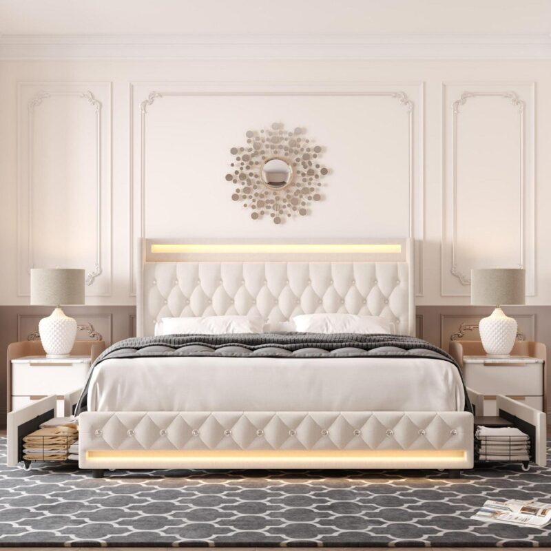 Homfa Queen Size LED Bed Frame with Outlets and USB Ports and Display Platform, 4 Storage Drawers Modern Crystal Button Tufted Upholstered Platform Bed Frame, Beige - Image 6