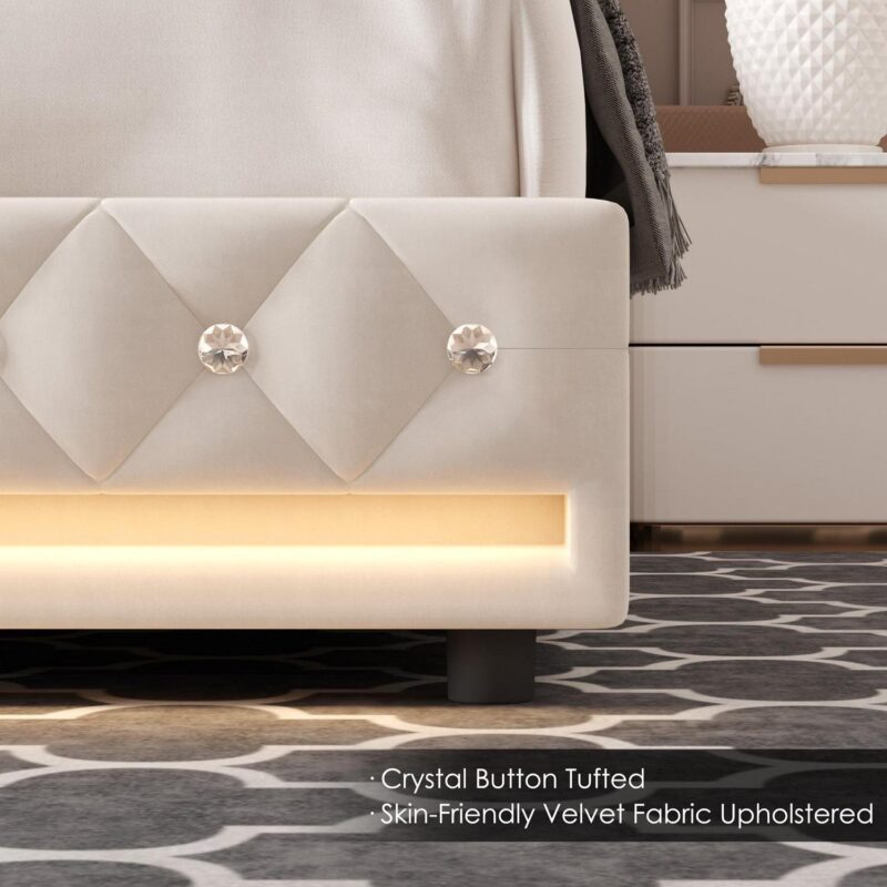 Homfa Queen Size LED Bed Frame with Outlets and USB Ports and Display Platform, 4 Storage Drawers Modern Crystal Button Tufted Upholstered Platform Bed Frame, Beige - Image 2