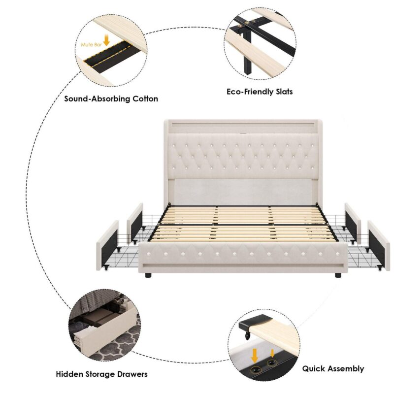 Homfa Queen Size LED Bed Frame with Outlets and USB Ports and Display Platform, 4 Storage Drawers Modern Crystal Button Tufted Upholstered Platform Bed Frame, Beige - Image 8