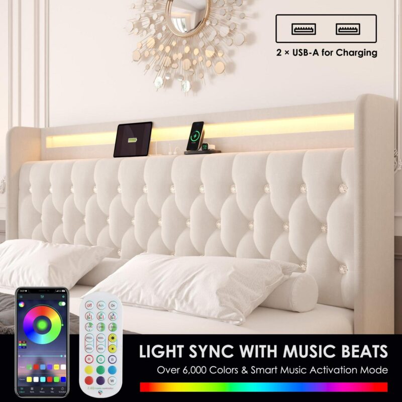 Homfa Queen Size LED Bed Frame with Outlets and USB Ports and Display Platform, 4 Storage Drawers Modern Crystal Button Tufted Upholstered Platform Bed Frame, Beige - Image 7