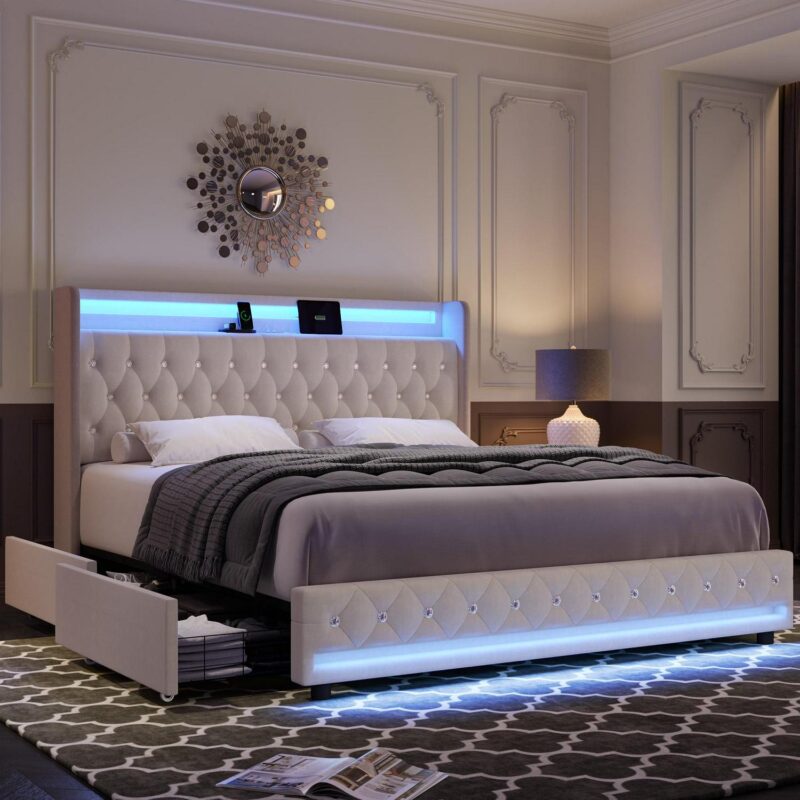 Homfa Queen Size LED Bed Frame with Outlets and USB Ports and Display Platform, 4 Storage Drawers Modern Crystal Button Tufted Upholstered Platform Bed Frame, Beige - Image 3