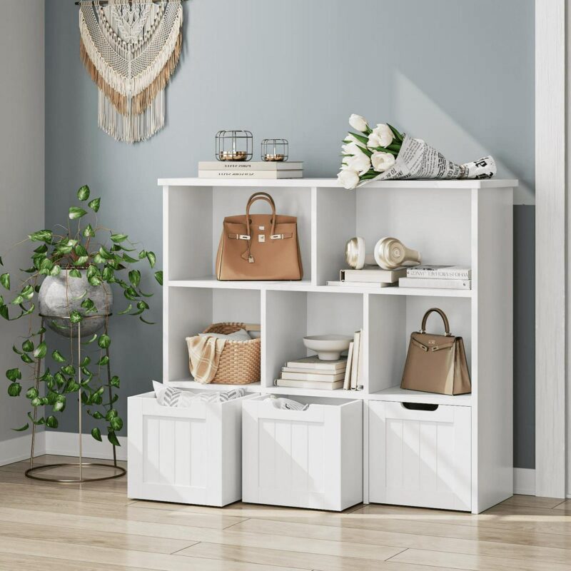 Homfa Toy Storage Organizer with 3 Movable Drawers, 5 Cube Kids Bookcase for Playroom, Storage Cabinet for Living Room, White Finish