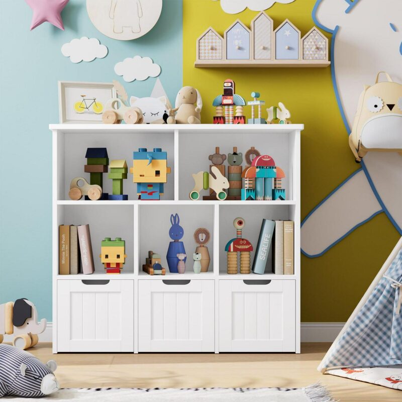 Homfa Toy Storage Organizer with 3 Movable Drawers, 5 Cube Kids Bookcase for Playroom, Storage Cabinet for Living Room, White Finish - Image 7