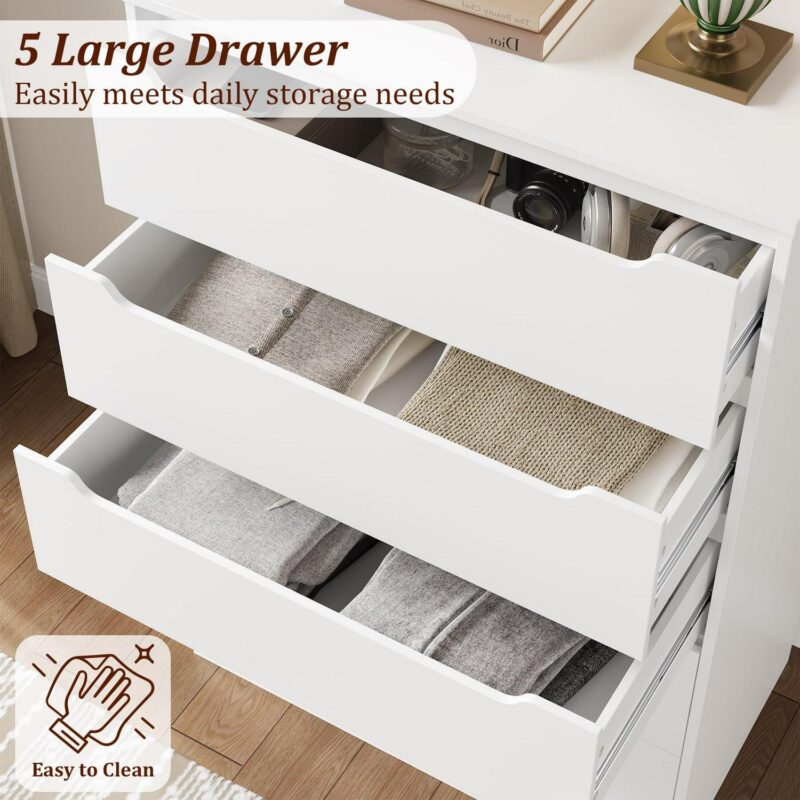 Homfa Vertical 5 Drawer Dresser, Wood Storage Cabinet with Upgraded Stable Base for Bedroom Living Room, White - Image 4