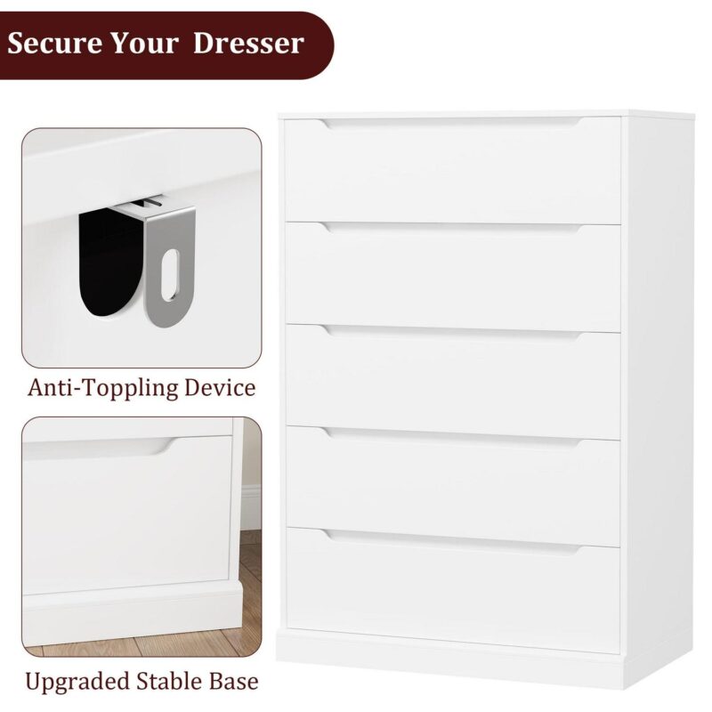 Homfa Vertical 5 Drawer Dresser, Wood Storage Cabinet with Upgraded Stable Base for Bedroom Living Room, White - Image 6