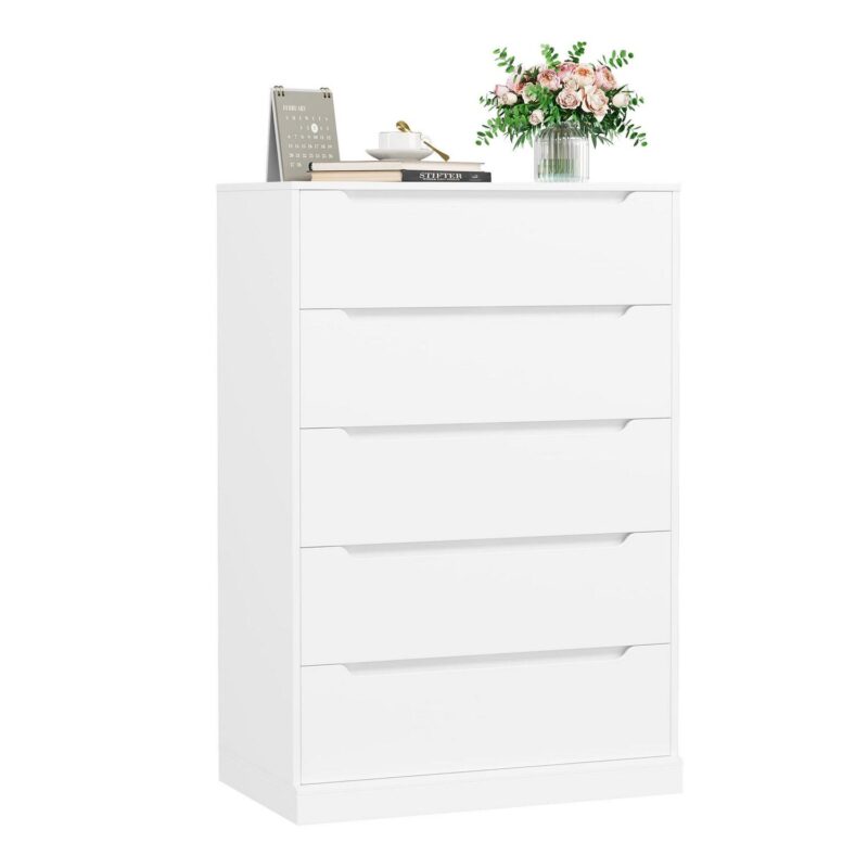 Homfa Vertical 5 Drawer Dresser, Wood Storage Cabinet with Upgraded Stable Base for Bedroom Living Room, White - Image 3